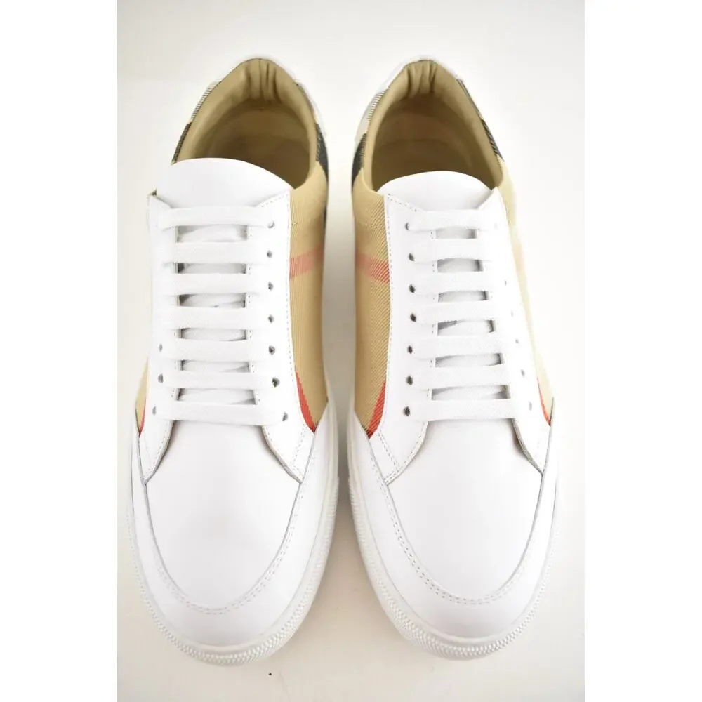 Burberry Salmond Vintage Check White Leather Logo Lace Up Low Top Sneaker 40.5
